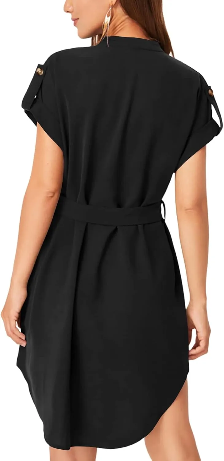 LYANER Women's V Neck Belted High Low Roll Short Sleeve Office Tunic Mini Dress