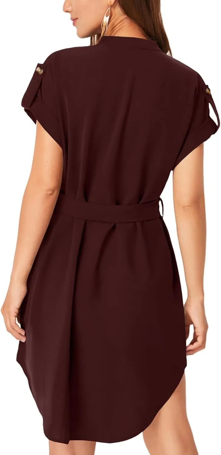LYANER Women's V Neck Belted High Low Roll Short Sleeve Office Tunic Mini Dress