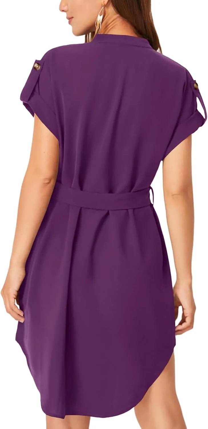LYANER Women's V Neck Belted High Low Roll Short Sleeve Office Tunic Mini Dress