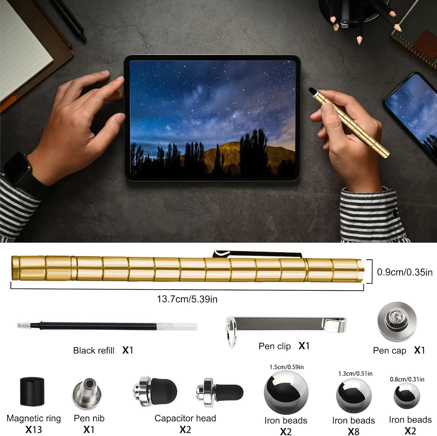 Magnetic Fidget Pen Toy Magnet Gel Pen Fidget Toy Think Ink Pen Transformed into Variety of Creative for Intellectual Learning and Stress Reduction Gifts (Gold)