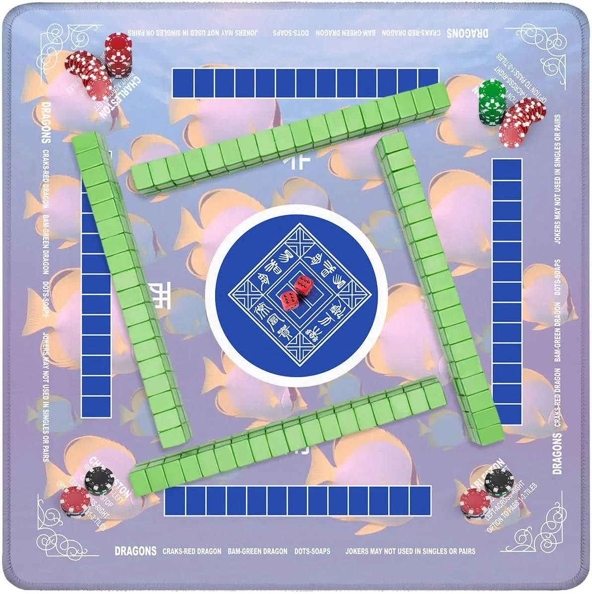 Mahjong Mat with Rules 31.5" x 31.5" School Colorful Tropical Fish Non-Slip Noise Reduction Table Cover for Mahjong Dominoes Poker Card Board and Tile Games