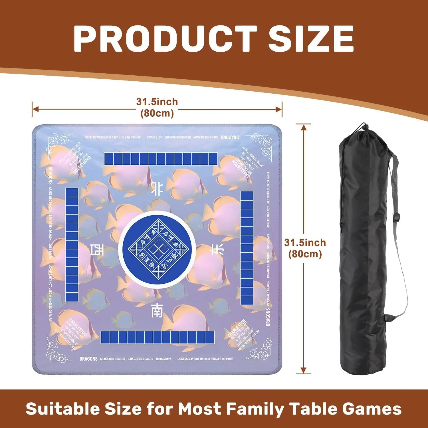 Mahjong Mat with Rules 31.5" x 31.5" School Colorful Tropical Fish Non-Slip Noise Reduction Table Cover for Mahjong Dominoes Poker Card Board and Tile Games
