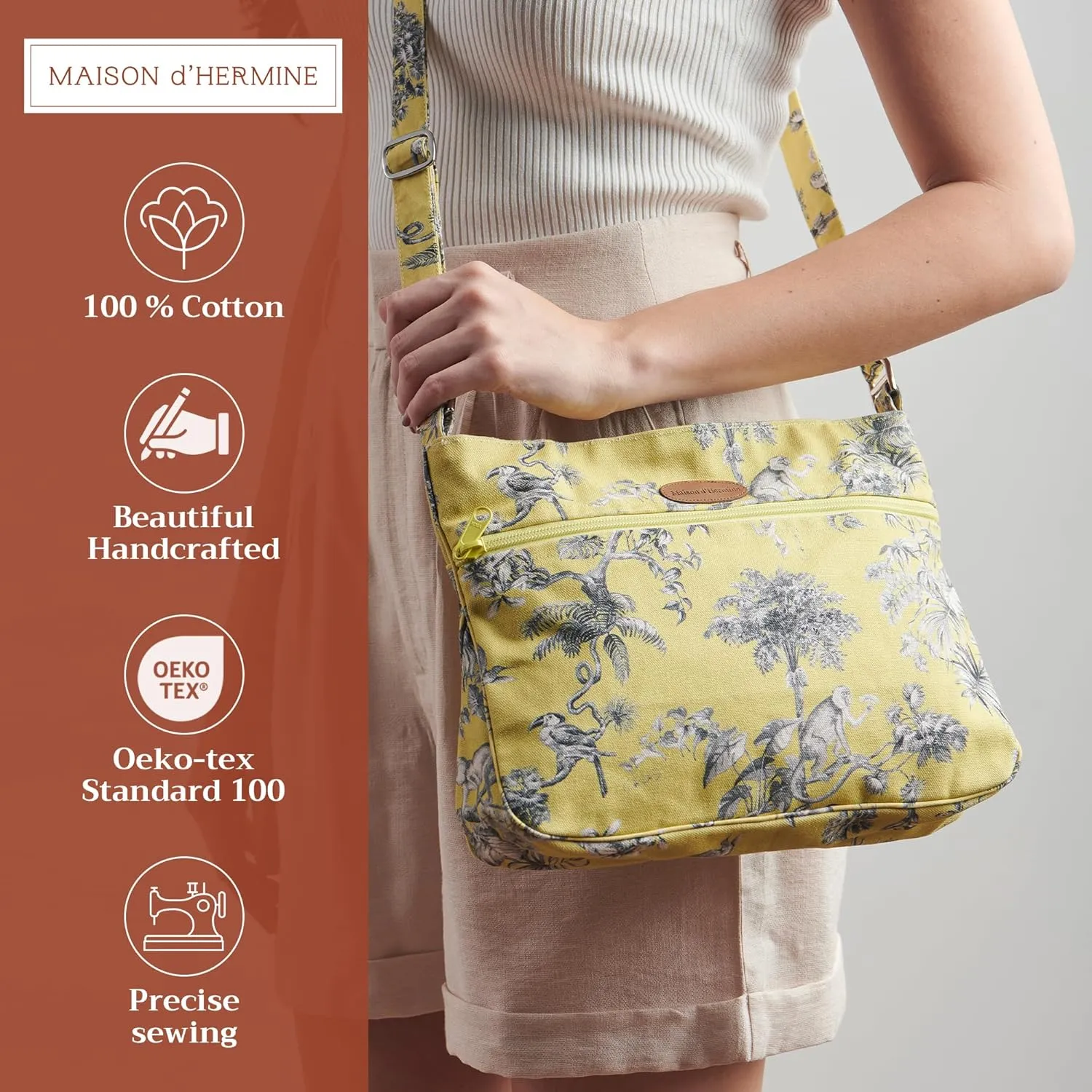 Maison d' Hermine Cross Body Bag Cotton Adjustable Shoulder Strap Hand Bag Tote purse with Zippered & Slip Pockets