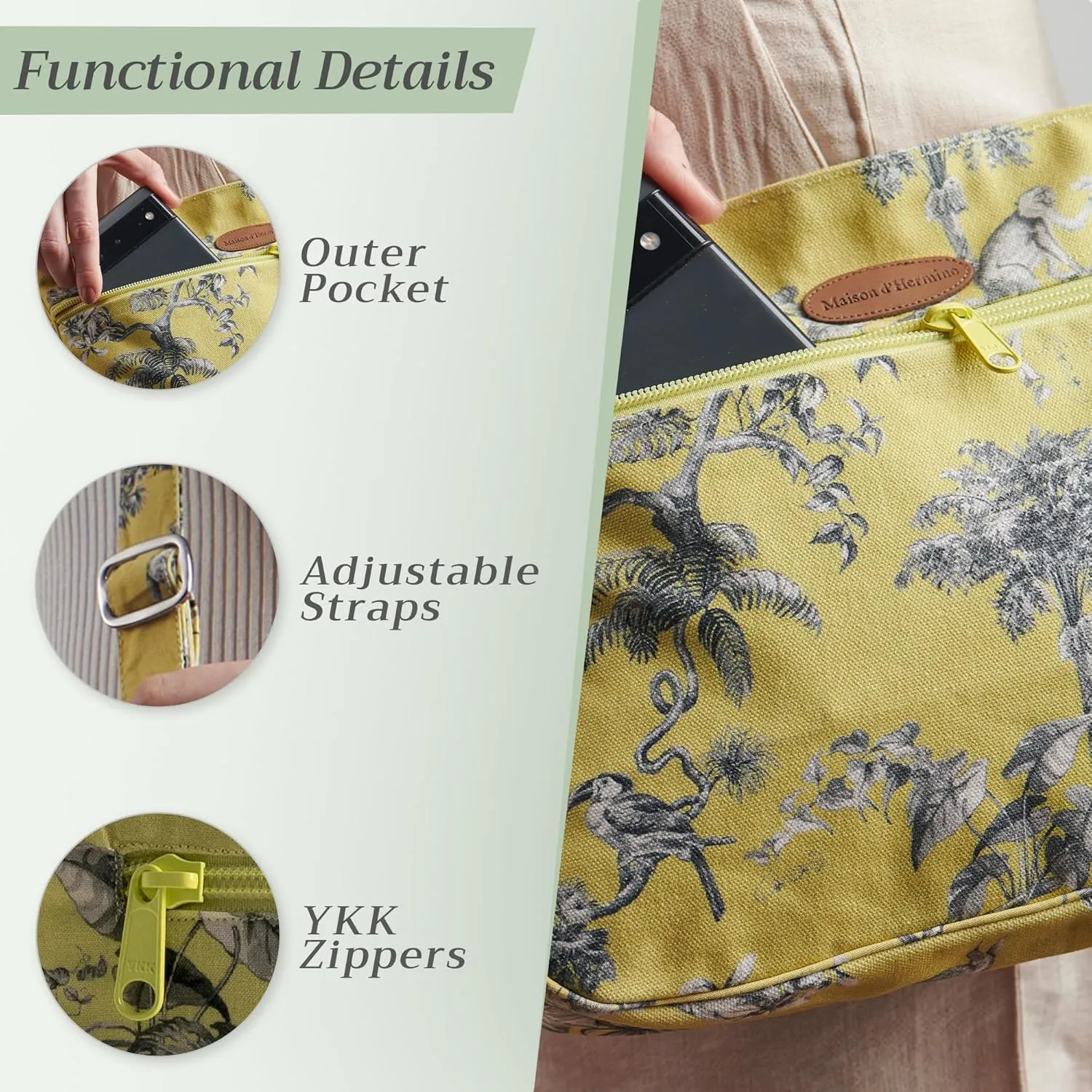 Maison d' Hermine Cross Body Bag Cotton Adjustable Shoulder Strap Hand Bag Tote purse with Zippered & Slip Pockets
