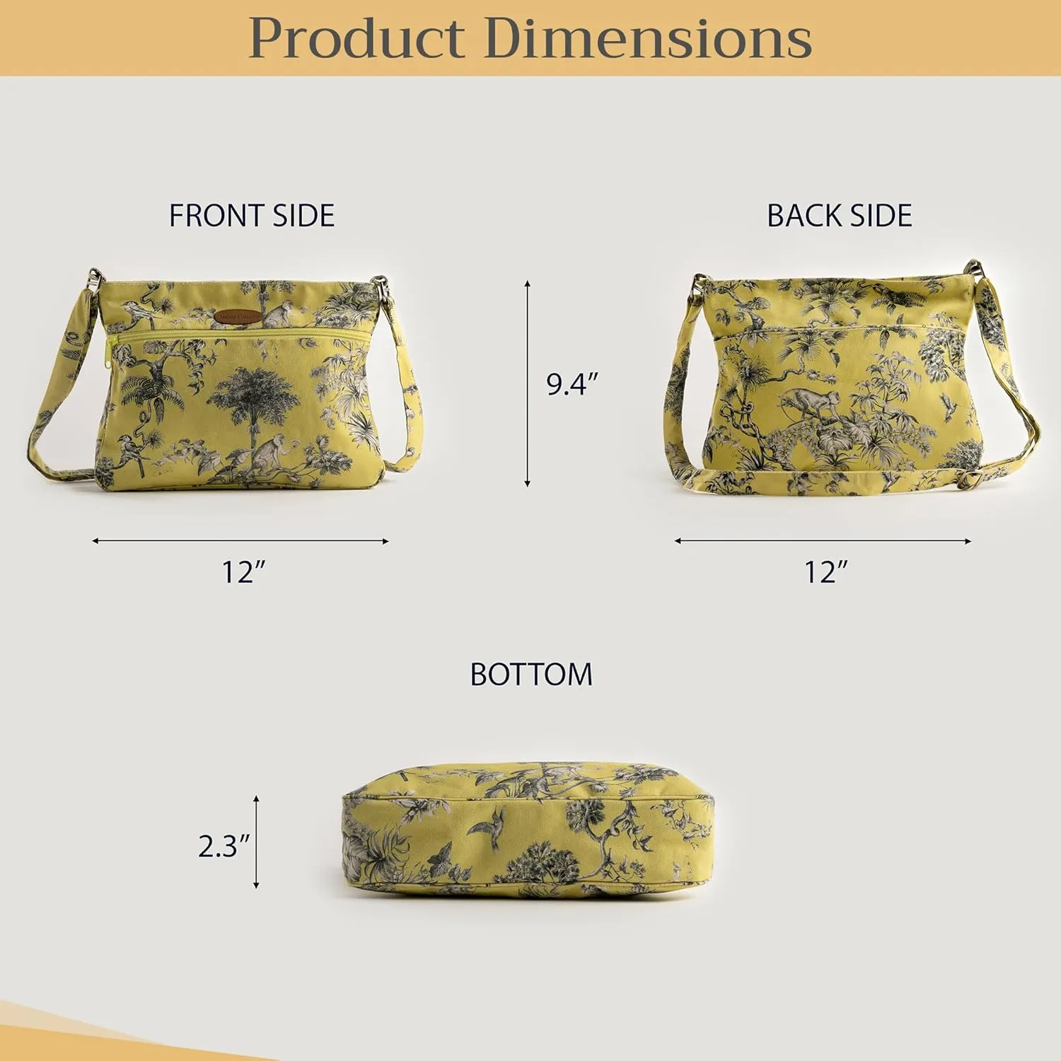 Maison d' Hermine Cross Body Bag Cotton Adjustable Shoulder Strap Hand Bag Tote purse with Zippered & Slip Pockets