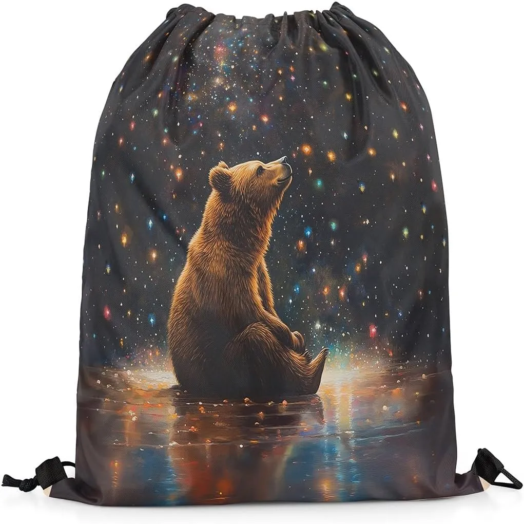 Manfei Bear Draw String Bag,Wild Animal Oil Paint Style Artwork Drawstring Backpack for Gym Sports,Colorful Glitter Stars Galaxy Sky Romantic Large Capacity Sackpack,Waterproof