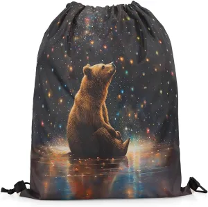 Manfei Bear Draw String Bag,Wild Animal Oil Paint Style Artwork Drawstring Backpack for Gym Sports,Colorful Glitter Stars Galaxy Sky Romantic Large Capacity Sackpack,Waterproof