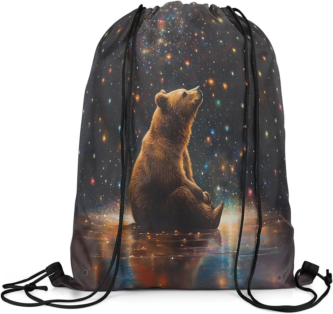 Manfei Bear Draw String Bag,Wild Animal Oil Paint Style Artwork Drawstring Backpack for Gym Sports,Colorful Glitter Stars Galaxy Sky Romantic Large Capacity Sackpack,Waterproof