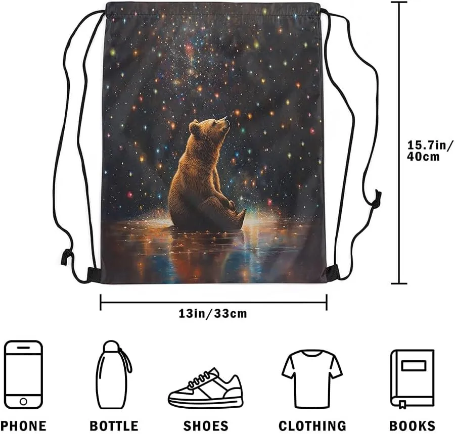 Manfei Bear Draw String Bag,Wild Animal Oil Paint Style Artwork Drawstring Backpack for Gym Sports,Colorful Glitter Stars Galaxy Sky Romantic Large Capacity Sackpack,Waterproof