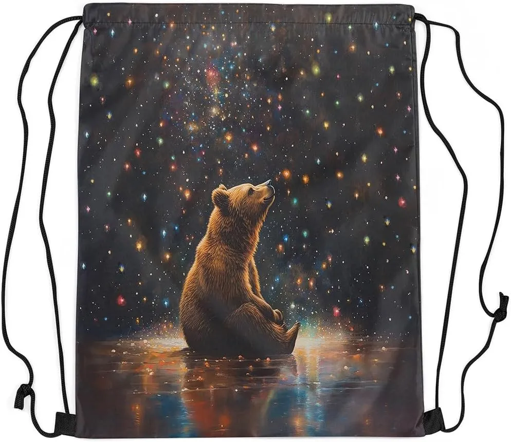 Manfei Bear Draw String Bag,Wild Animal Oil Paint Style Artwork Drawstring Backpack for Gym Sports,Colorful Glitter Stars Galaxy Sky Romantic Large Capacity Sackpack,Waterproof