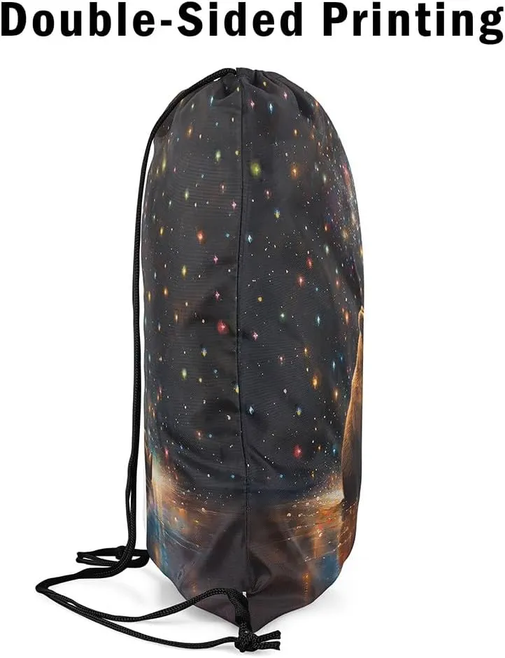 Manfei Bear Draw String Bag,Wild Animal Oil Paint Style Artwork Drawstring Backpack for Gym Sports,Colorful Glitter Stars Galaxy Sky Romantic Large Capacity Sackpack,Waterproof
