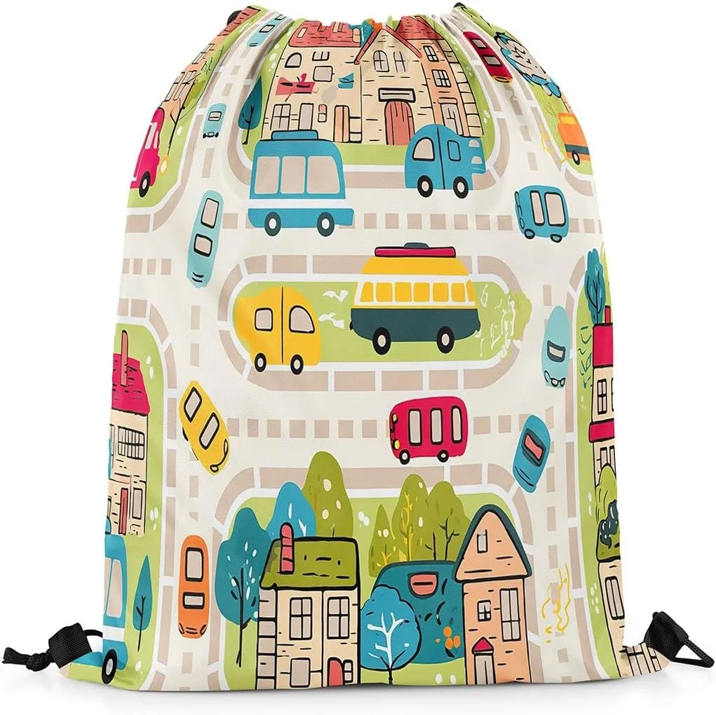 Manfei City Roadway Beige Draw String Bag,Rustic Suburb Colorful Car Bus Drawstring Backpack for Gym Sports,Countryside House Tree Hand Graffiti Large Capacity Sackpack,Waterproof
