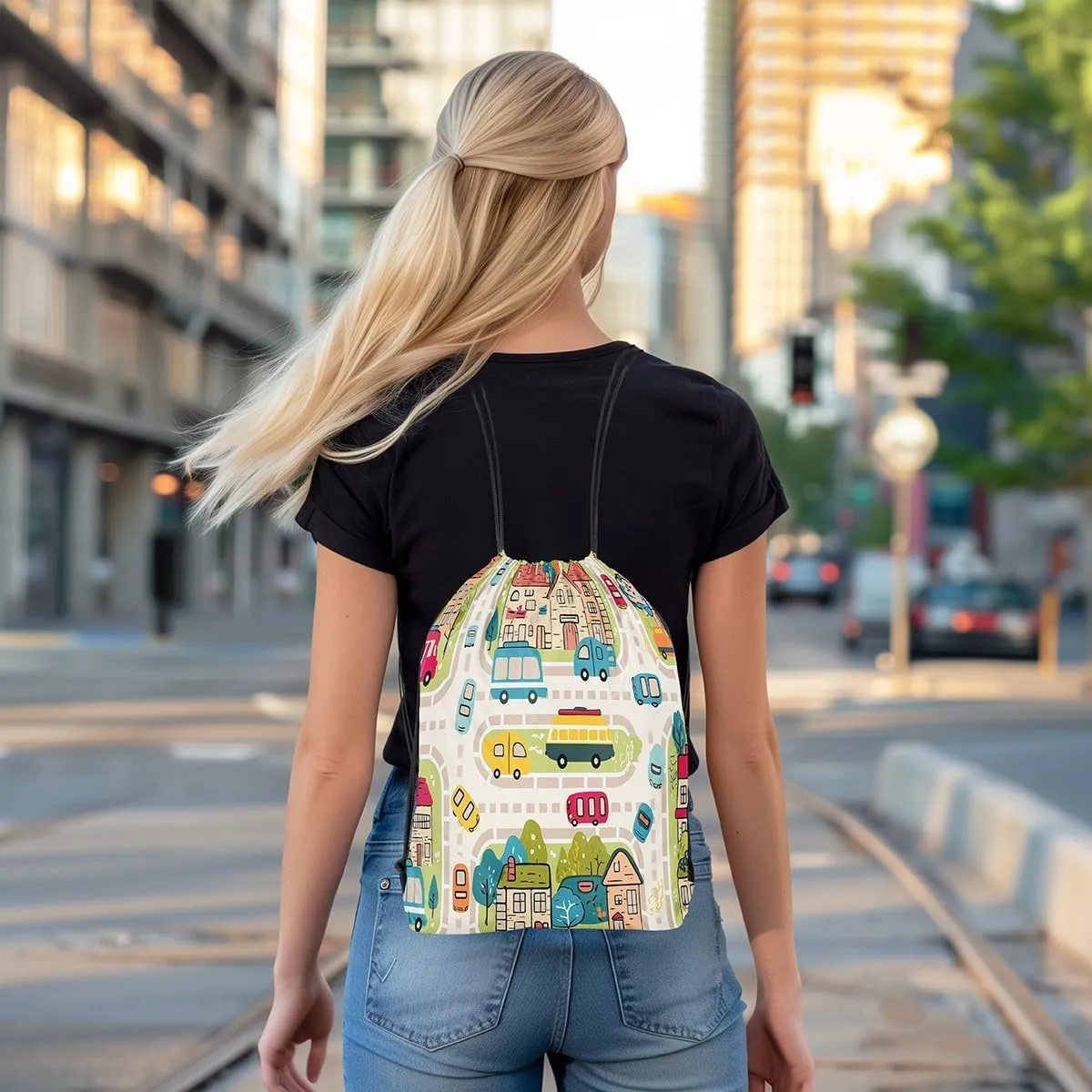 Manfei City Roadway Beige Draw String Bag,Rustic Suburb Colorful Car Bus Drawstring Backpack for Gym Sports,Countryside House Tree Hand Graffiti Large Capacity Sackpack,Waterproof