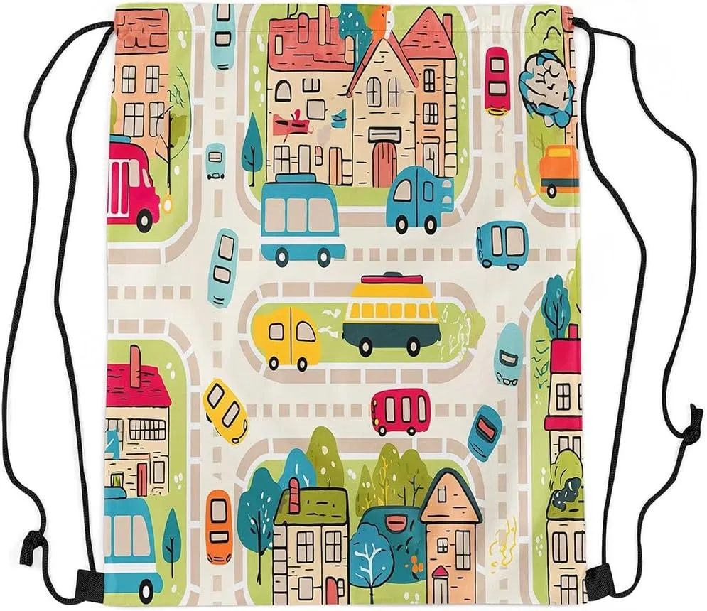 Manfei City Roadway Beige Draw String Bag,Rustic Suburb Colorful Car Bus Drawstring Backpack for Gym Sports,Countryside House Tree Hand Graffiti Large Capacity Sackpack,Waterproof