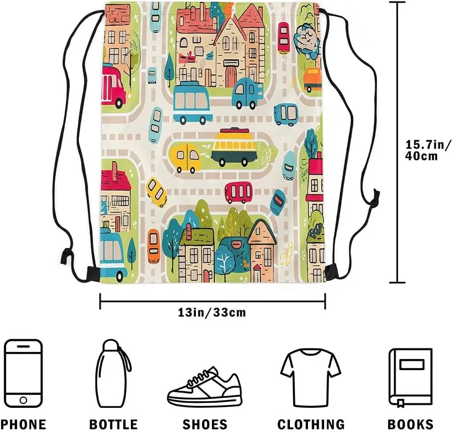 Manfei City Roadway Beige Draw String Bag,Rustic Suburb Colorful Car Bus Drawstring Backpack for Gym Sports,Countryside House Tree Hand Graffiti Large Capacity Sackpack,Waterproof