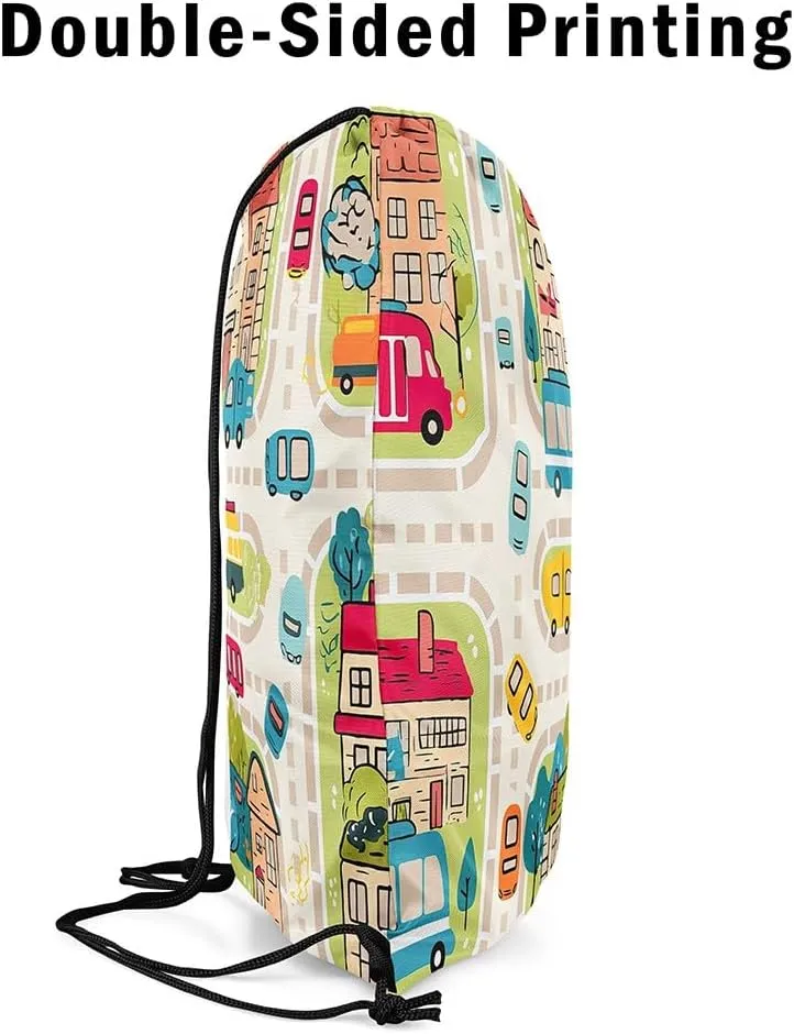 Manfei City Roadway Beige Draw String Bag,Rustic Suburb Colorful Car Bus Drawstring Backpack for Gym Sports,Countryside House Tree Hand Graffiti Large Capacity Sackpack,Waterproof