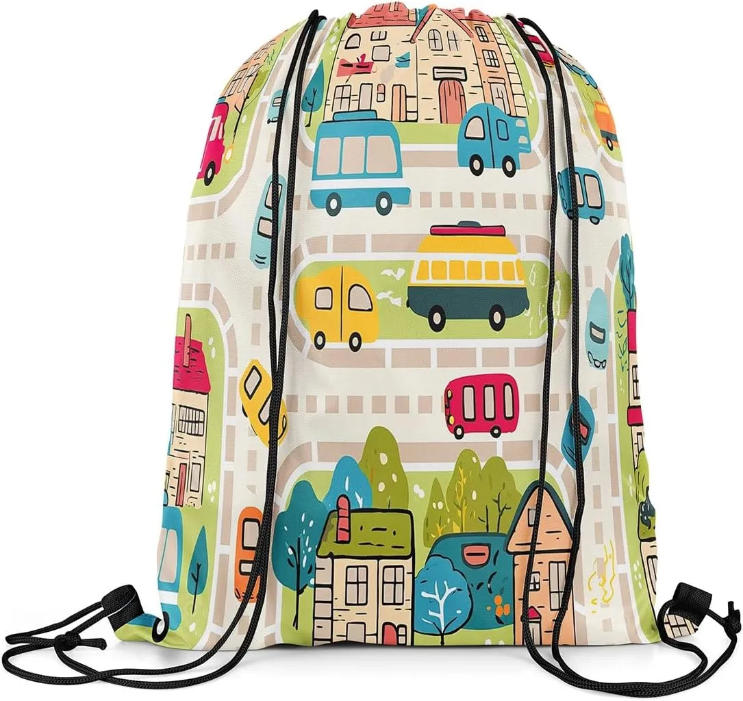 Manfei City Roadway Beige Draw String Bag,Rustic Suburb Colorful Car Bus Drawstring Backpack for Gym Sports,Countryside House Tree Hand Graffiti Large Capacity Sackpack,Waterproof