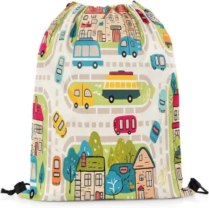 Manfei City Roadway Beige Draw String Bag,Rustic Suburb Colorful Car Bus Drawstring Backpack for Gym Sports,Countryside House Tree Hand Graffiti Large Capacity Sackpack,Waterproof