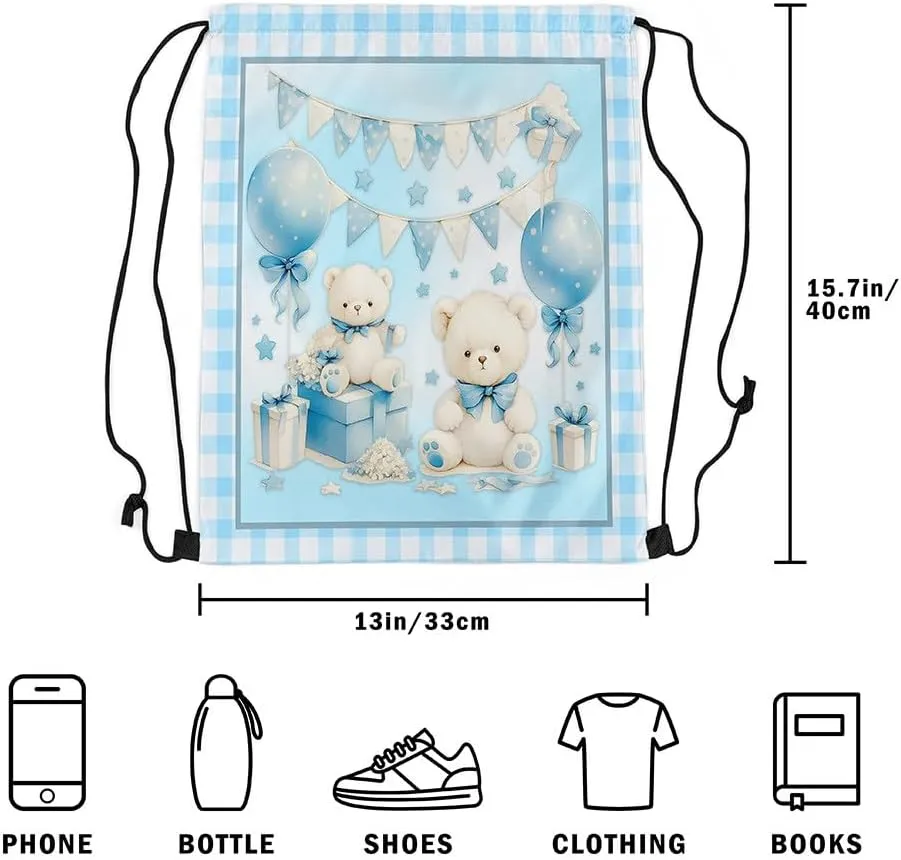 Manfei Cute Bear Drawstring Backpack Blue Bowknot Sackpack for Beach Swimming Pool Birthday Party Gift Cake Dessert Draw String Bags Waterproof Sports Gym