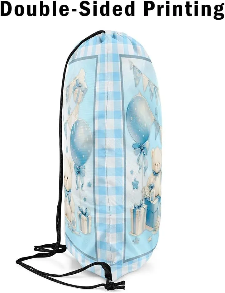 Manfei Cute Bear Drawstring Backpack Blue Bowknot Sackpack for Beach Swimming Pool Birthday Party Gift Cake Dessert Draw String Bags Waterproof Sports Gym