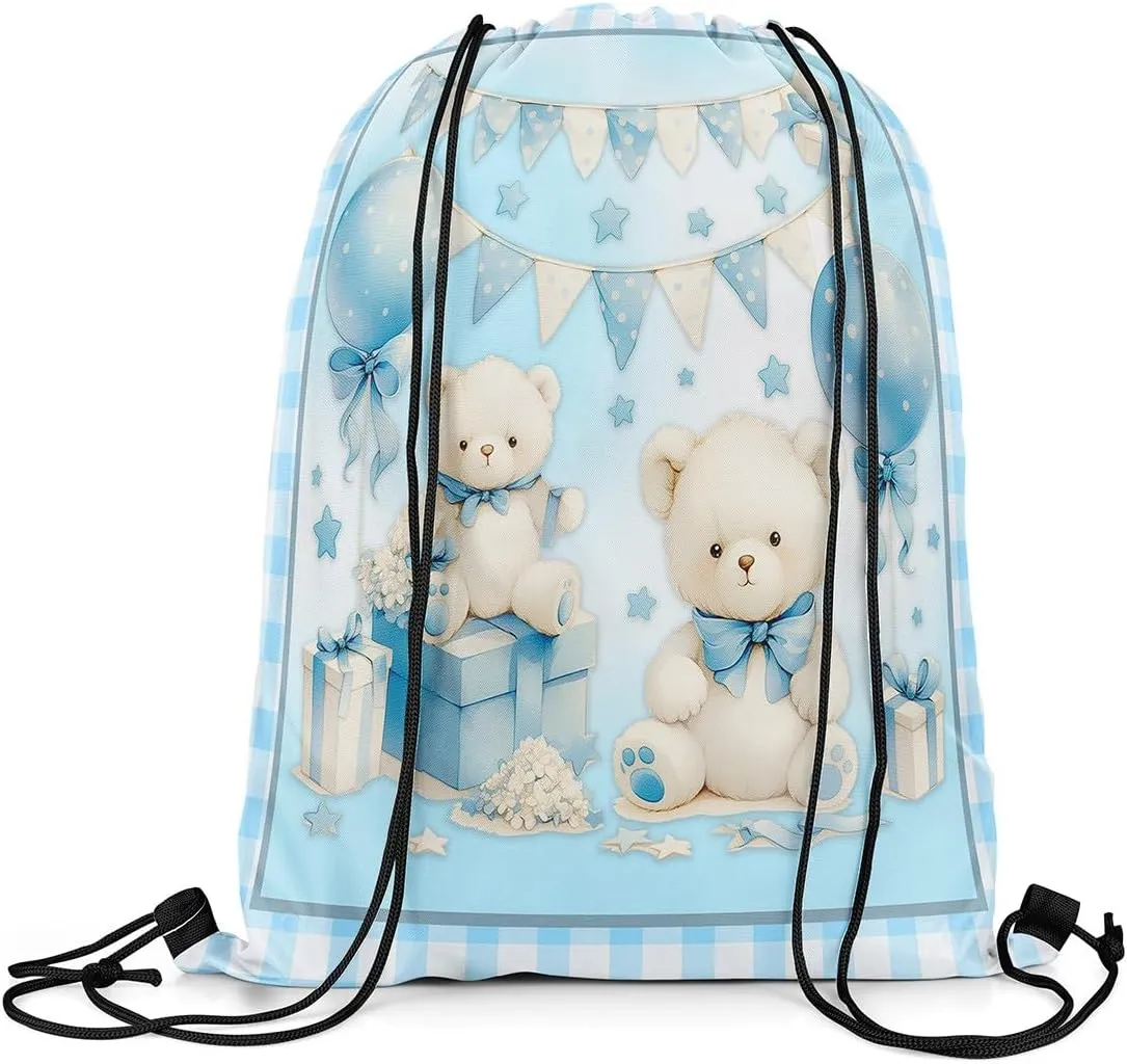 Manfei Cute Bear Drawstring Backpack Blue Bowknot Sackpack for Beach Swimming Pool Birthday Party Gift Cake Dessert Draw String Bags Waterproof Sports Gym