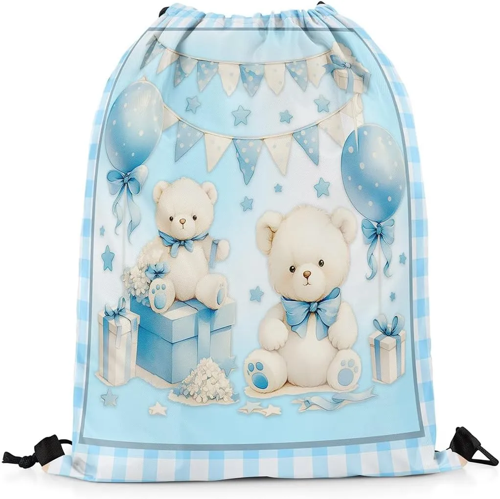 Manfei Cute Bear Drawstring Backpack Blue Bowknot Sackpack for Beach Swimming Pool Birthday Party Gift Cake Dessert Draw String Bags Waterproof Sports Gym