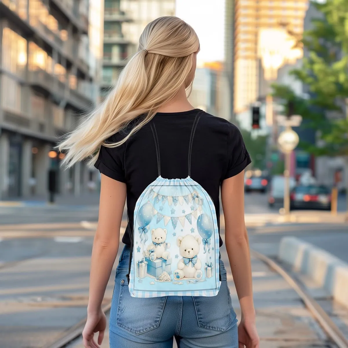 Manfei Cute Bear Drawstring Backpack Blue Bowknot Sackpack for Beach Swimming Pool Birthday Party Gift Cake Dessert Draw String Bags Waterproof Sports Gym