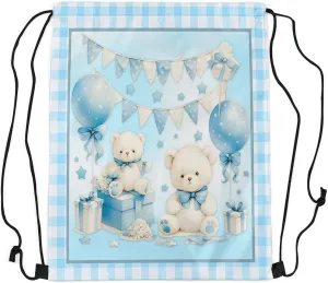 Manfei Cute Bear Drawstring Backpack Blue Bowknot Sackpack for Beach Swimming Pool Birthday Party Gift Cake Dessert Draw String Bags Waterproof Sports Gym