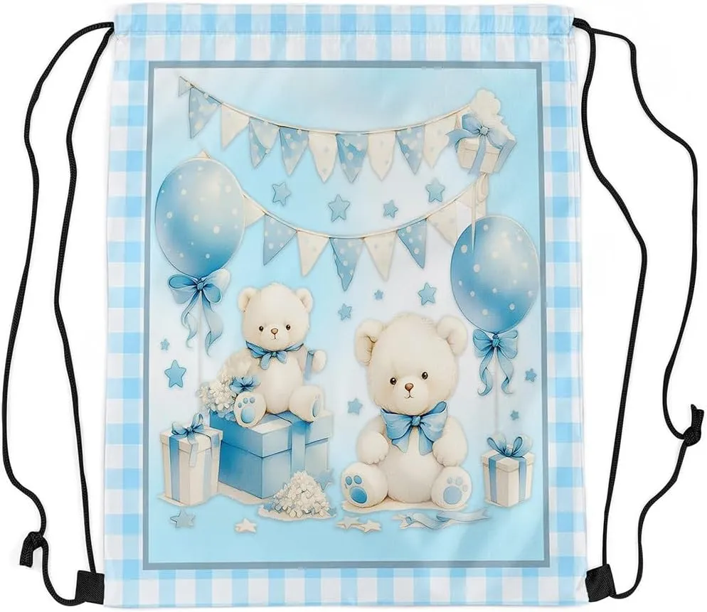 Manfei Cute Bear Drawstring Backpack Blue Bowknot Sackpack for Beach Swimming Pool Birthday Party Gift Cake Dessert Draw String Bags Waterproof Sports Gym