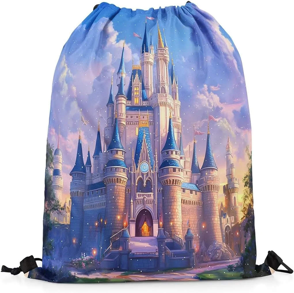 Manfei Dreamy Castle String Bag 16X13 Inch Princess Theme Fairy Tale Sports Backpack Birthday Gifts Watercolor Sky Romantic Drawstring Bags for Women Gym Sport Yoga