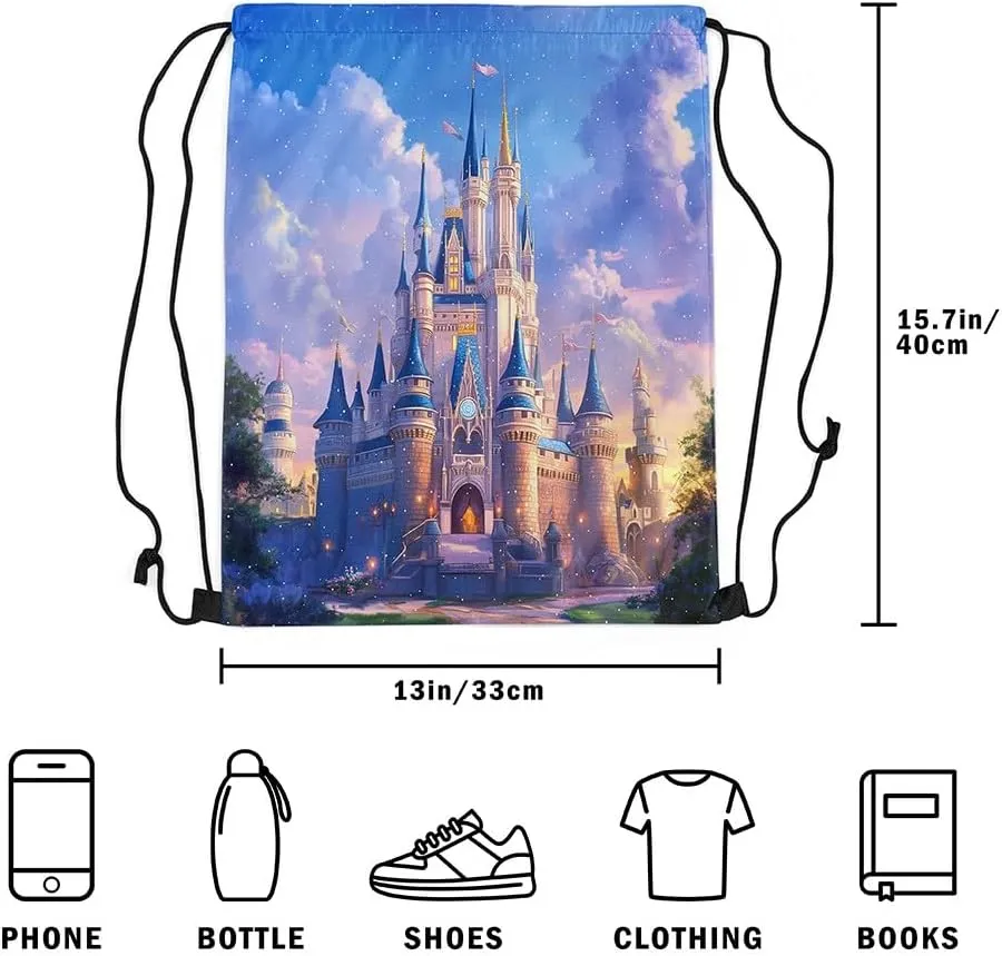 Manfei Dreamy Castle String Bag 16X13 Inch Princess Theme Fairy Tale Sports Backpack Birthday Gifts Watercolor Sky Romantic Drawstring Bags for Women Gym Sport Yoga