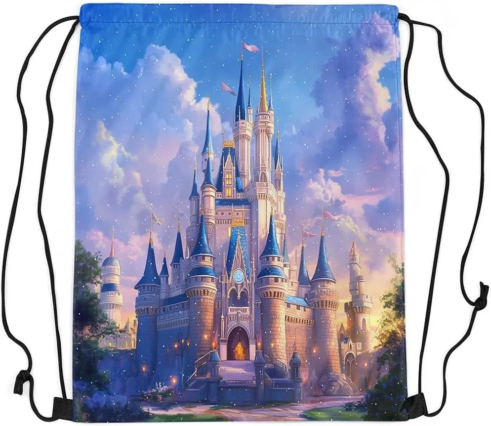 Manfei Dreamy Castle String Bag 16X13 Inch Princess Theme Fairy Tale Sports Backpack Birthday Gifts Watercolor Sky Romantic Drawstring Bags for Women Gym Sport Yoga