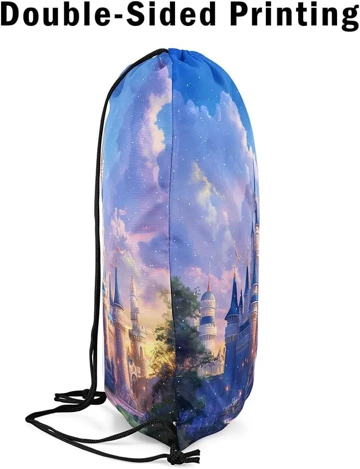 Manfei Dreamy Castle String Bag 16X13 Inch Princess Theme Fairy Tale Sports Backpack Birthday Gifts Watercolor Sky Romantic Drawstring Bags for Women Gym Sport Yoga