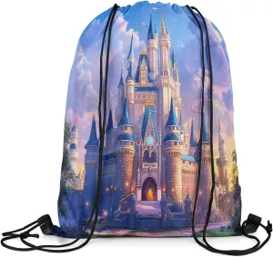 Manfei Dreamy Castle String Bag 16X13 Inch Princess Theme Fairy Tale Sports Backpack Birthday Gifts Watercolor Sky Romantic Drawstring Bags for Women Gym Sport Yoga