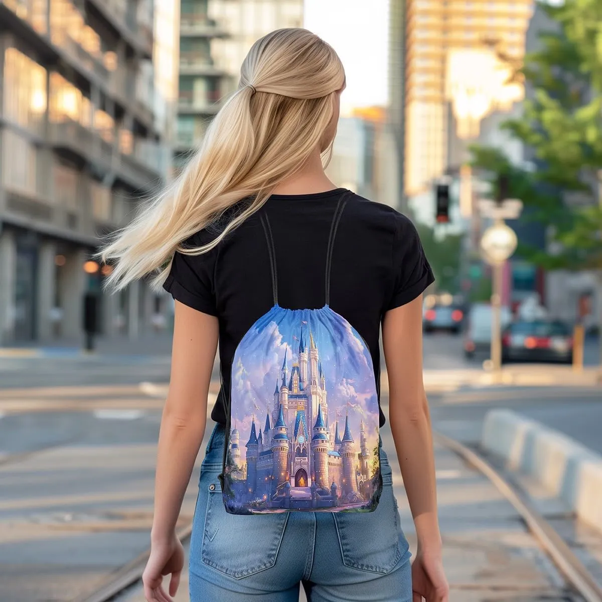 Manfei Dreamy Castle String Bag 16X13 Inch Princess Theme Fairy Tale Sports Backpack Birthday Gifts Watercolor Sky Romantic Drawstring Bags for Women Gym Sport Yoga