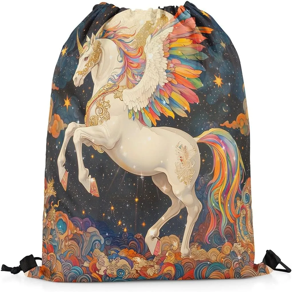 Manfei Dreamy Unicorn Drawstring Backpack 13"x16" Rainbow Feather Starry Sky Drawstring Sackpack for Gym Sports Exotic Boho Style Waterproof Draw String Bag