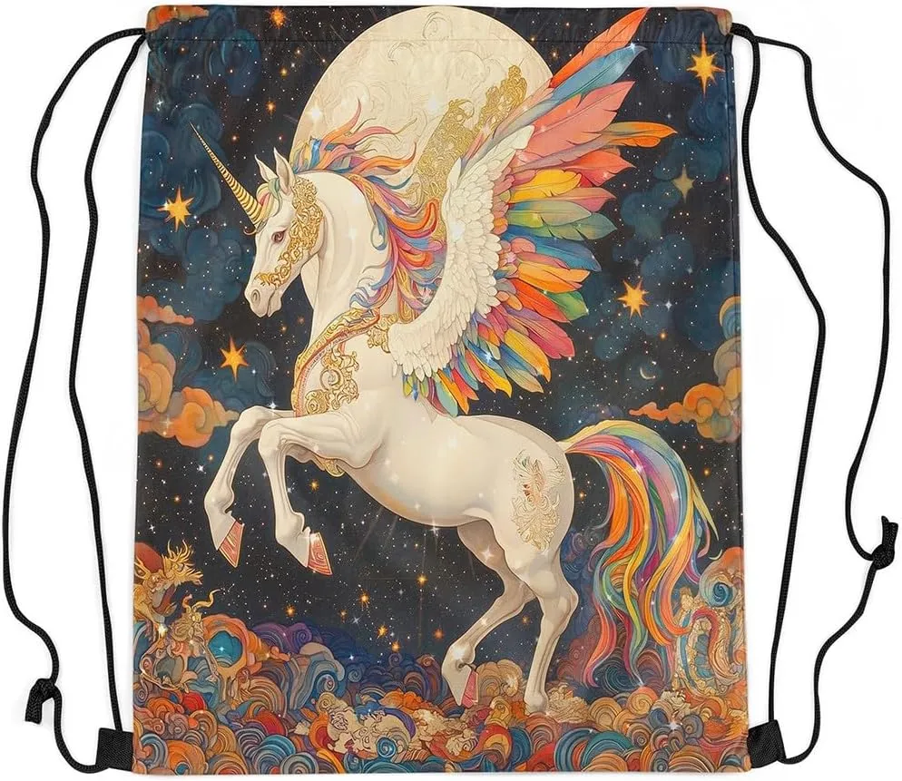 Manfei Dreamy Unicorn Drawstring Backpack 13"x16" Rainbow Feather Starry Sky Drawstring Sackpack for Gym Sports Exotic Boho Style Waterproof Draw String Bag