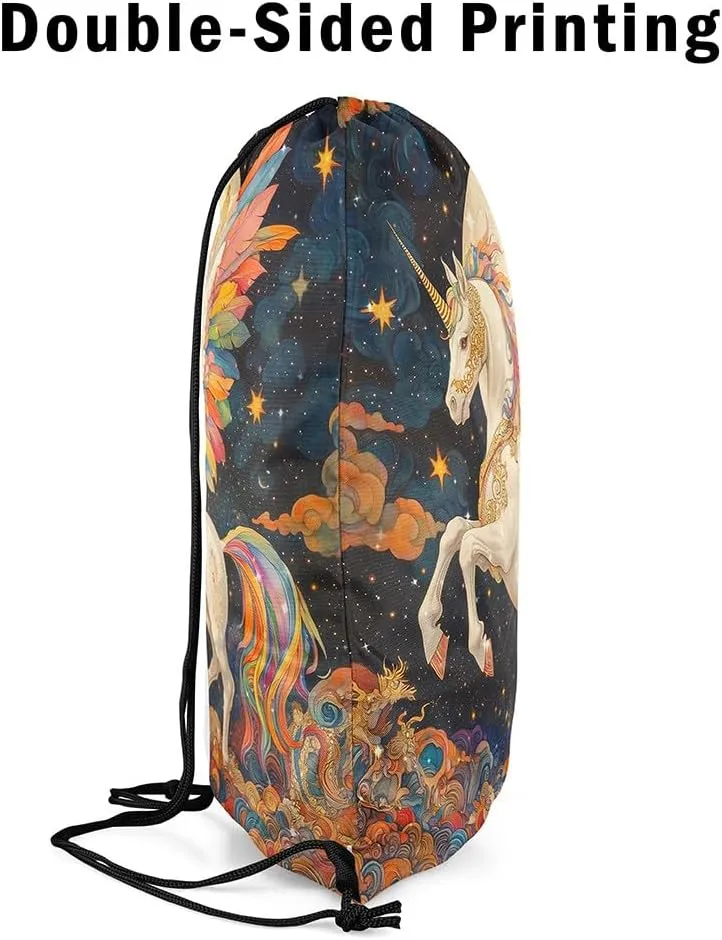Manfei Dreamy Unicorn Drawstring Backpack 13"x16" Rainbow Feather Starry Sky Drawstring Sackpack for Gym Sports Exotic Boho Style Waterproof Draw String Bag