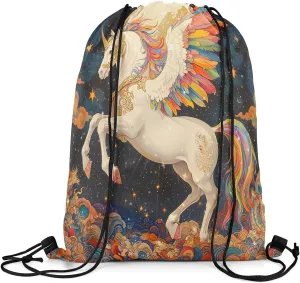 Manfei Dreamy Unicorn Drawstring Backpack 13"x16" Rainbow Feather Starry Sky Drawstring Sackpack for Gym Sports Exotic Boho Style Waterproof Draw String Bag