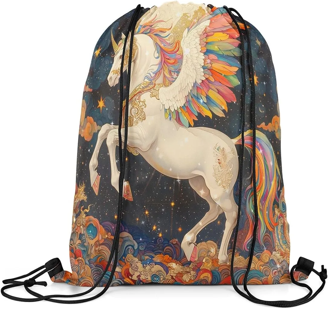 Manfei Dreamy Unicorn Drawstring Backpack 13"x16" Rainbow Feather Starry Sky Drawstring Sackpack for Gym Sports Exotic Boho Style Waterproof Draw String Bag