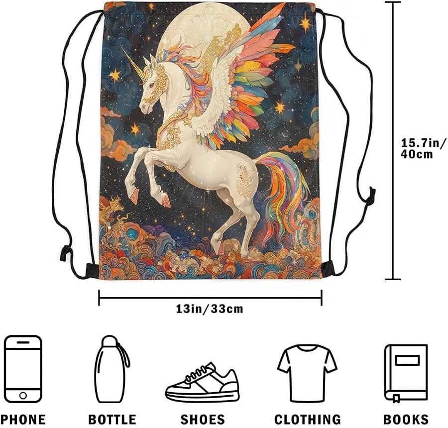 Manfei Dreamy Unicorn Drawstring Backpack 13"x16" Rainbow Feather Starry Sky Drawstring Sackpack for Gym Sports Exotic Boho Style Waterproof Draw String Bag