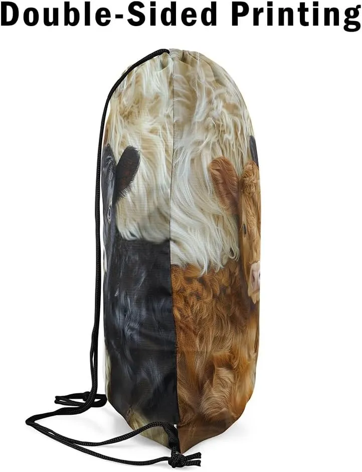 Manfei Highland Cattle String Bag 16X13 Inch Western Animal Cow Sports Backpack Birthday Gifts Rustic Farmhouse Drawstring Bags for Women Gym Sport Yoga
