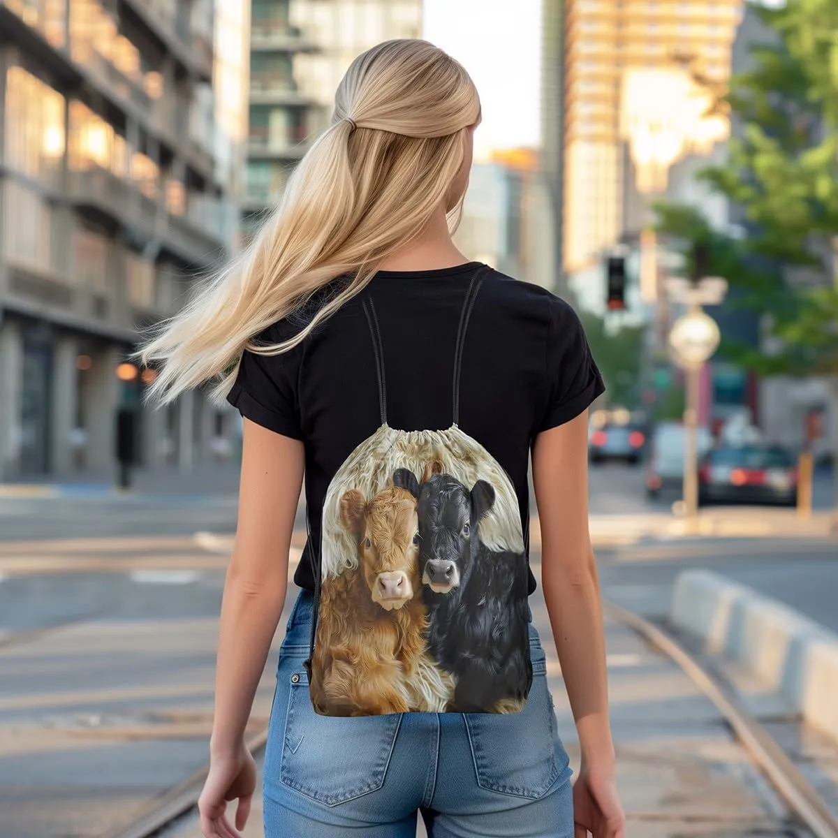 Manfei Highland Cattle String Bag 16X13 Inch Western Animal Cow Sports Backpack Birthday Gifts Rustic Farmhouse Drawstring Bags for Women Gym Sport Yoga