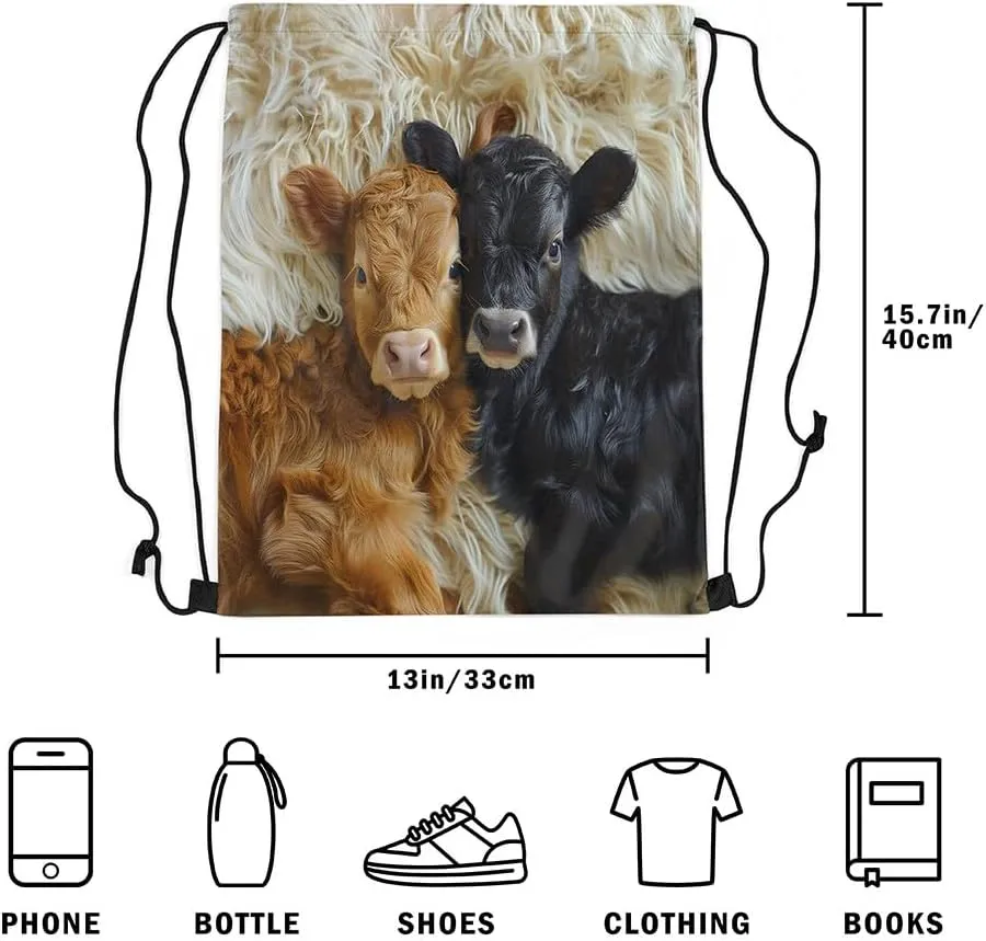 Manfei Highland Cattle String Bag 16X13 Inch Western Animal Cow Sports Backpack Birthday Gifts Rustic Farmhouse Drawstring Bags for Women Gym Sport Yoga
