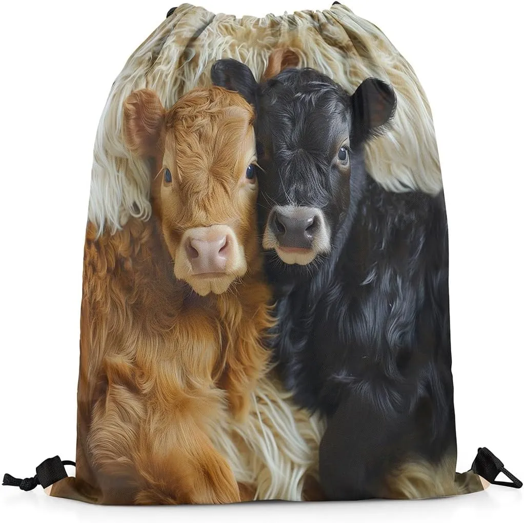 Manfei Highland Cattle String Bag 16X13 Inch Western Animal Cow Sports Backpack Birthday Gifts Rustic Farmhouse Drawstring Bags for Women Gym Sport Yoga