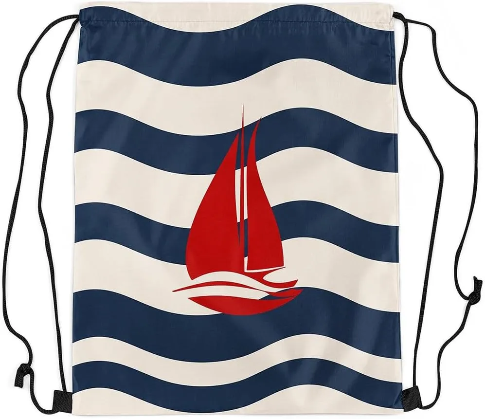 Manfei Sailing Boat Sports Backpack Nautical Theme Drawstring Sackpack Navy Blue Stripes Drawstring Backpack for Women Gym Shopping Sport Yoga