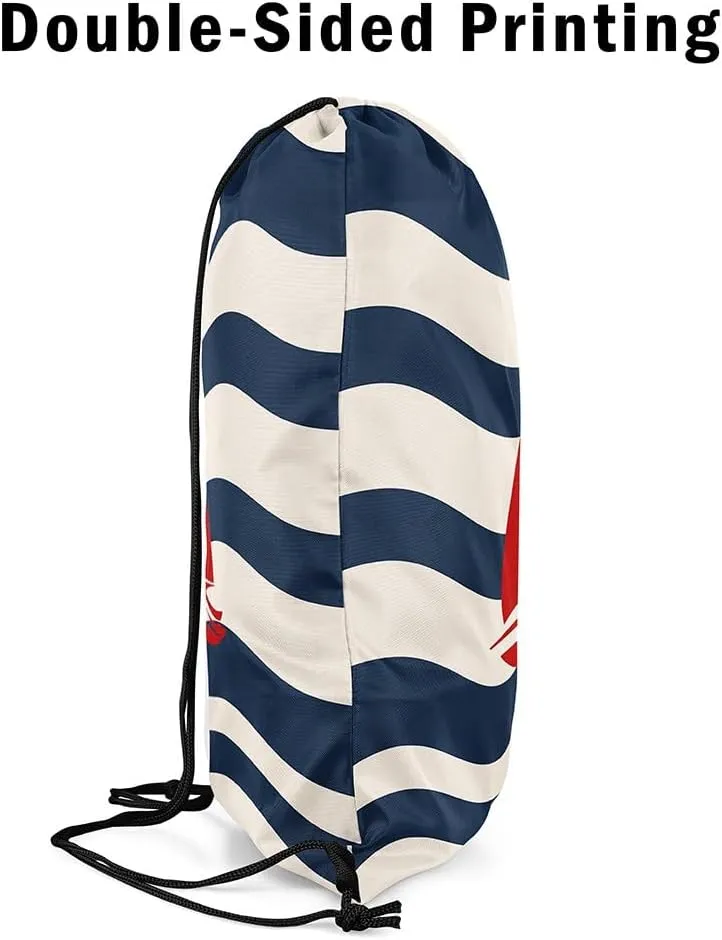 Manfei Sailing Boat Sports Backpack Nautical Theme Drawstring Sackpack Navy Blue Stripes Drawstring Backpack for Women Gym Shopping Sport Yoga