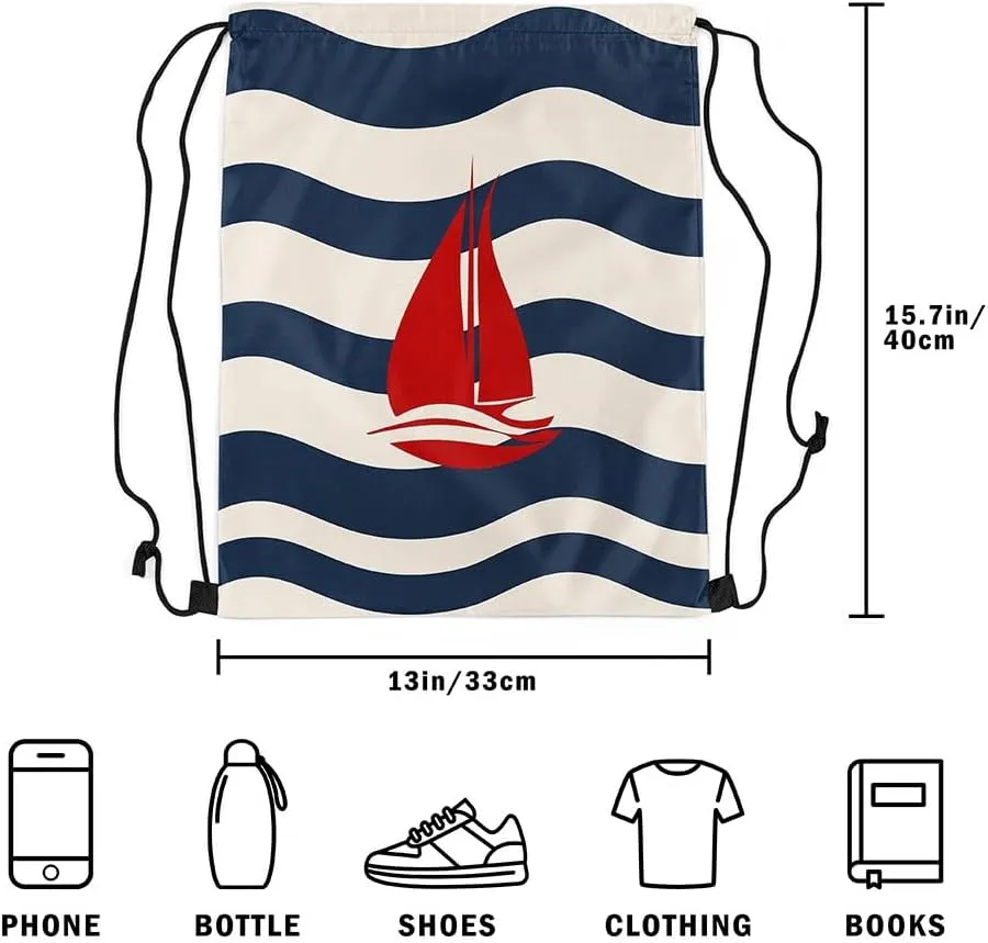 Manfei Sailing Boat Sports Backpack Nautical Theme Drawstring Sackpack Navy Blue Stripes Drawstring Backpack for Women Gym Shopping Sport Yoga