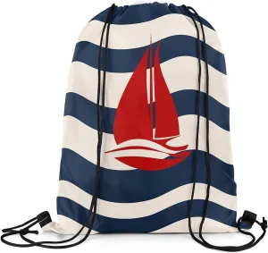 Manfei Sailing Boat Sports Backpack Nautical Theme Drawstring Sackpack Navy Blue Stripes Drawstring Backpack for Women Gym Shopping Sport Yoga