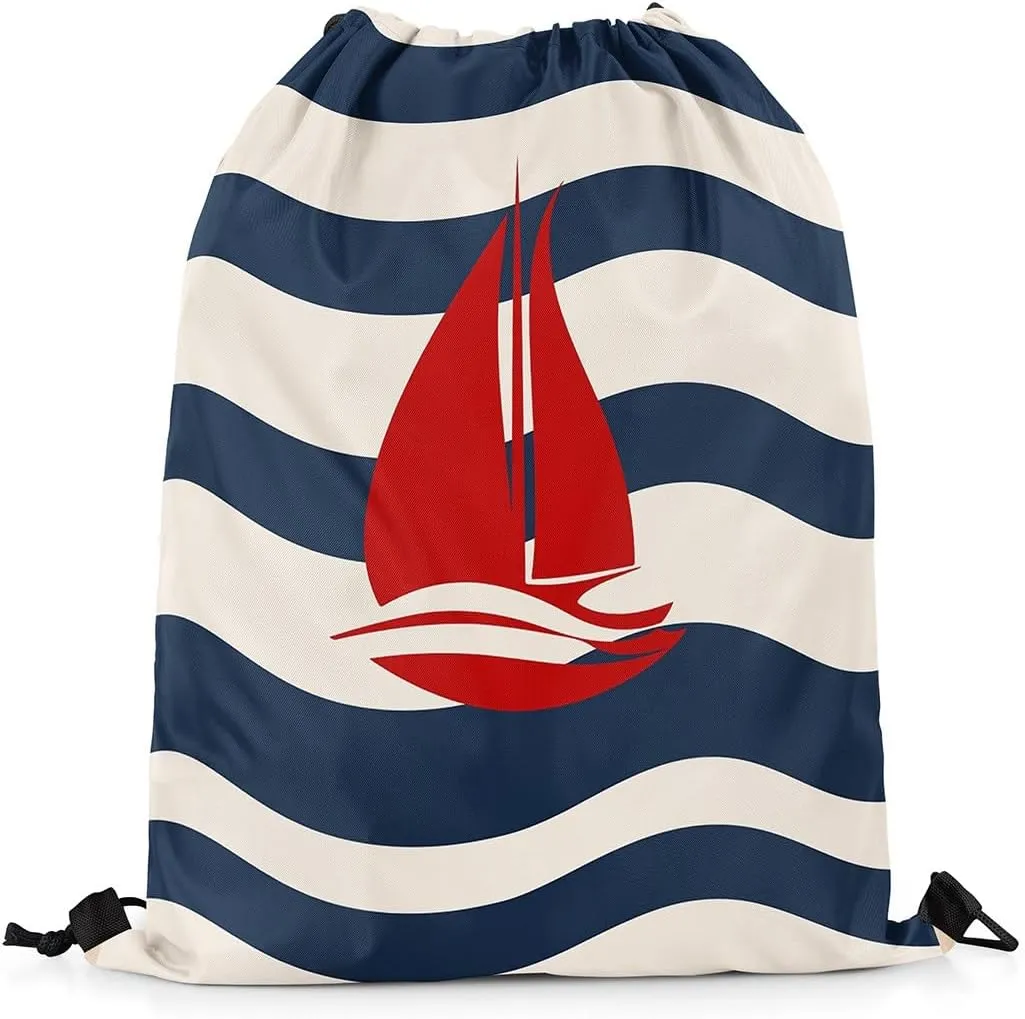 Manfei Sailing Boat Sports Backpack Nautical Theme Drawstring Sackpack Navy Blue Stripes Drawstring Backpack for Women Gym Shopping Sport Yoga